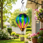 Chroma geometric hot air balloon solar lantern hanging beside a colorful garden porch